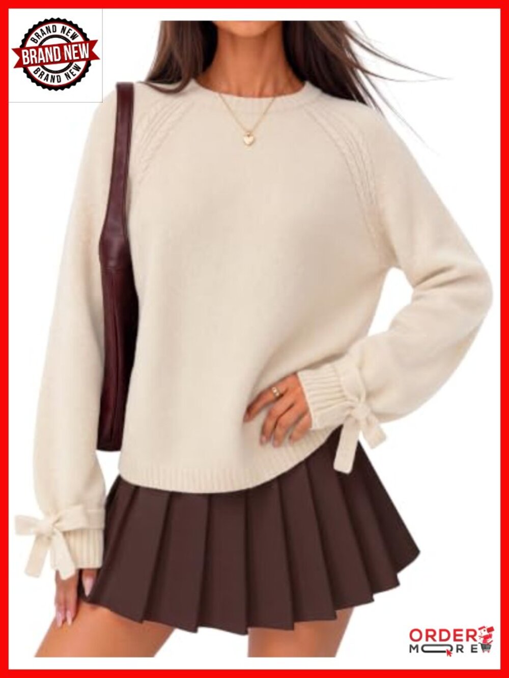 Womens Cable Knit Bow Cuff Pullover Sweater Cozy Fall Winter Crew Neck